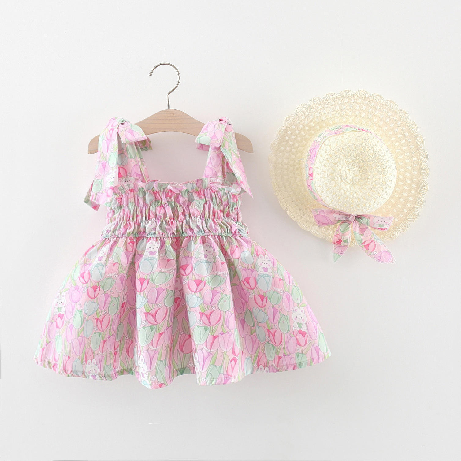 Wholesale Toddler Girl Suspended Dress Summer Lovely Sleeveless Dress Fashion Design Girls Dress With Straw Hat