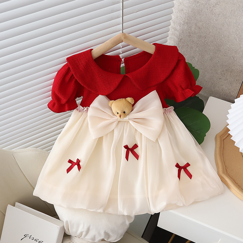 Wholesale Gown For Kids Girl Party Dress Short Sleeve Children'S Dress Skirt Green Baby Infant Gauze Bow Lace Princess Dress