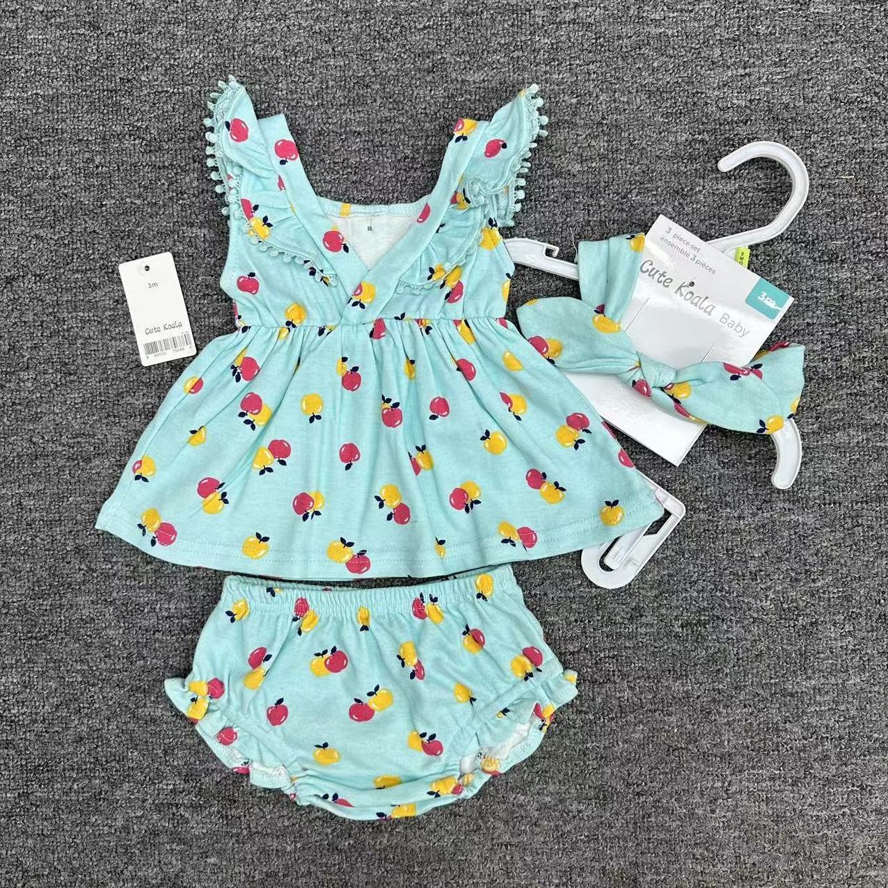 2024 Newborn Baby Cute Print Dresses 0-12 Months Korean Summer Baby Girl Princess Dresses Clothes 3pcs Gift Set