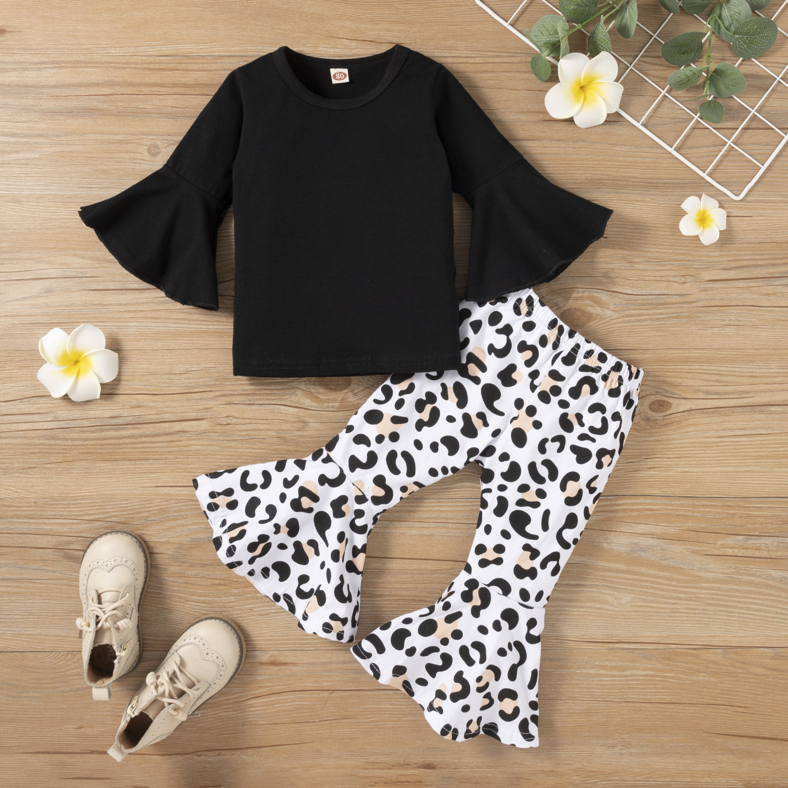 Toddler Clothes Baby Girls Outfit Black Top+cheetah Bell Bottoms Kids 2 Piece Sets American Style Baby Girl Clothing Sets