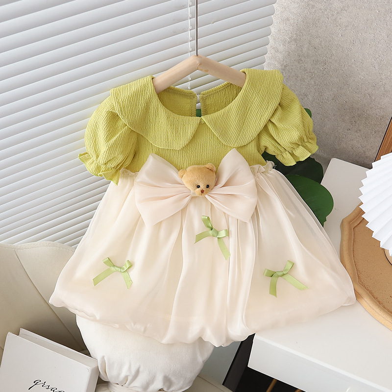 Wholesale Gown For Kids Girl Party Dress Short Sleeve Children'S Dress Skirt Green Baby Infant Gauze Bow Lace Princess Dress