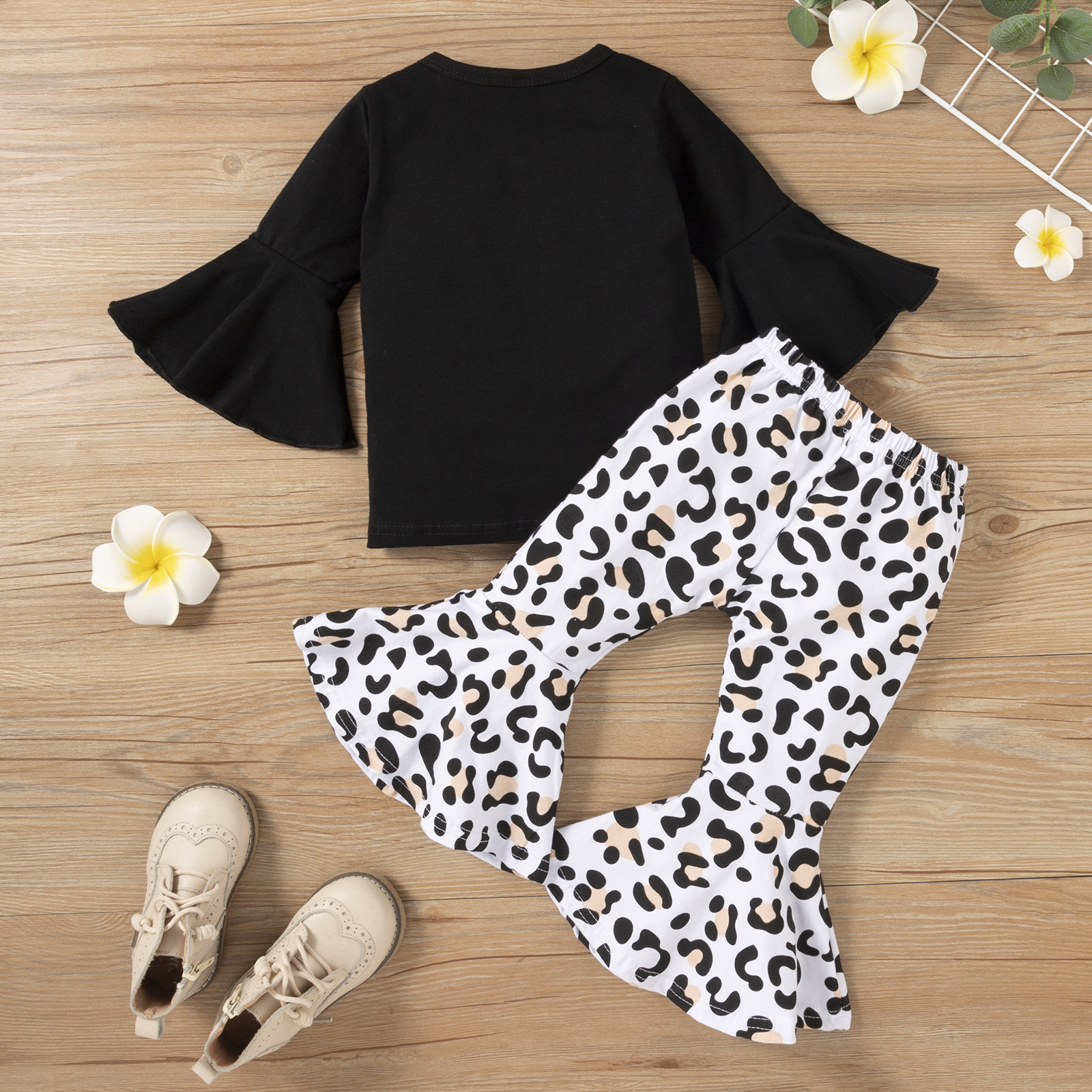 Toddler Clothes Baby Girls Outfit Black Top+cheetah Bell Bottoms Kids 2 Piece Sets American Style Baby Girl Clothing Sets