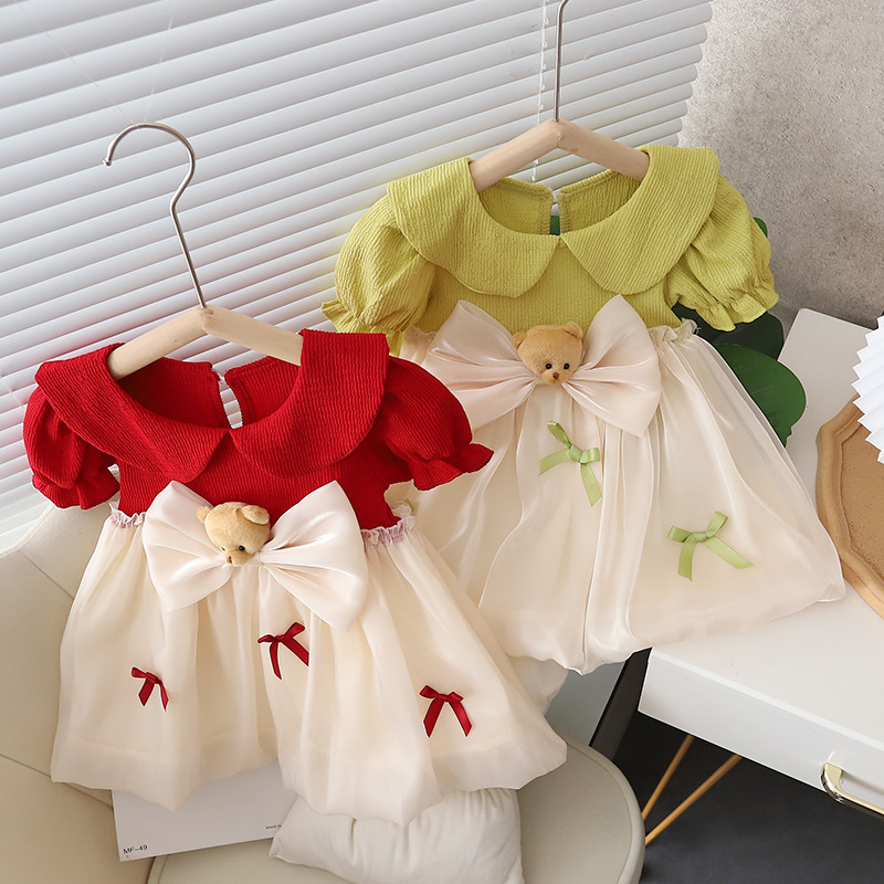 Wholesale Gown For Kids Girl Party Dress Short Sleeve Children'S Dress Skirt Green Baby Infant Gauze Bow Lace Princess Dress