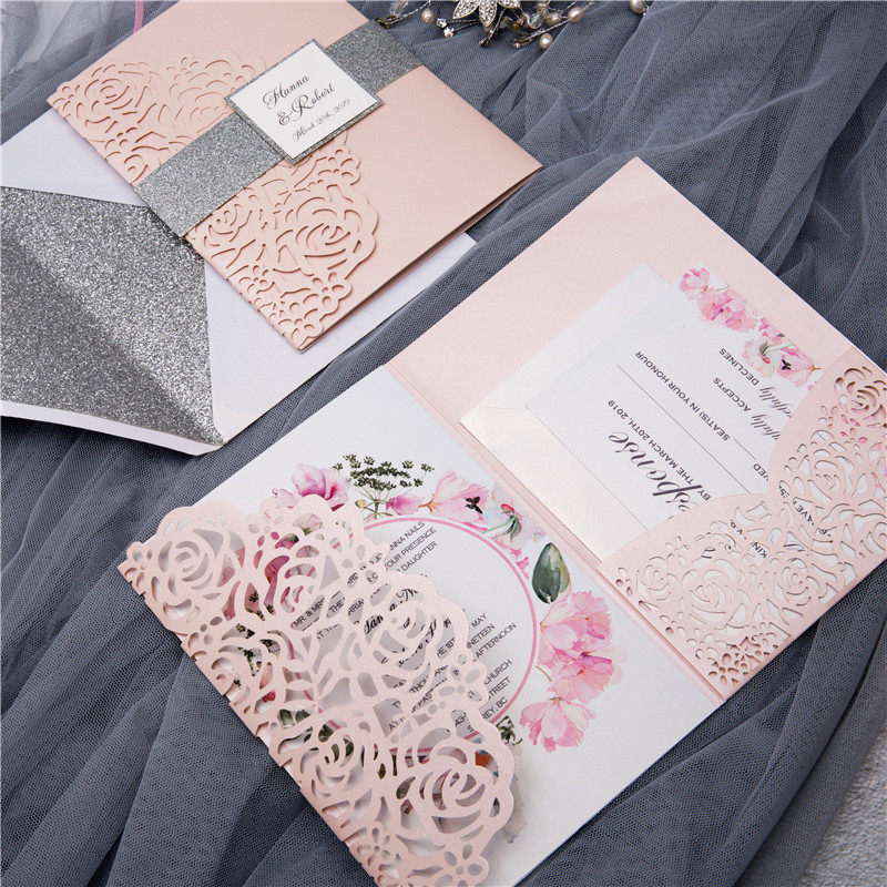 New Arrival Wedding Invitation Card Laser Cut Blush Pink Lace Floral Invitation Cards For Wedding Decorations