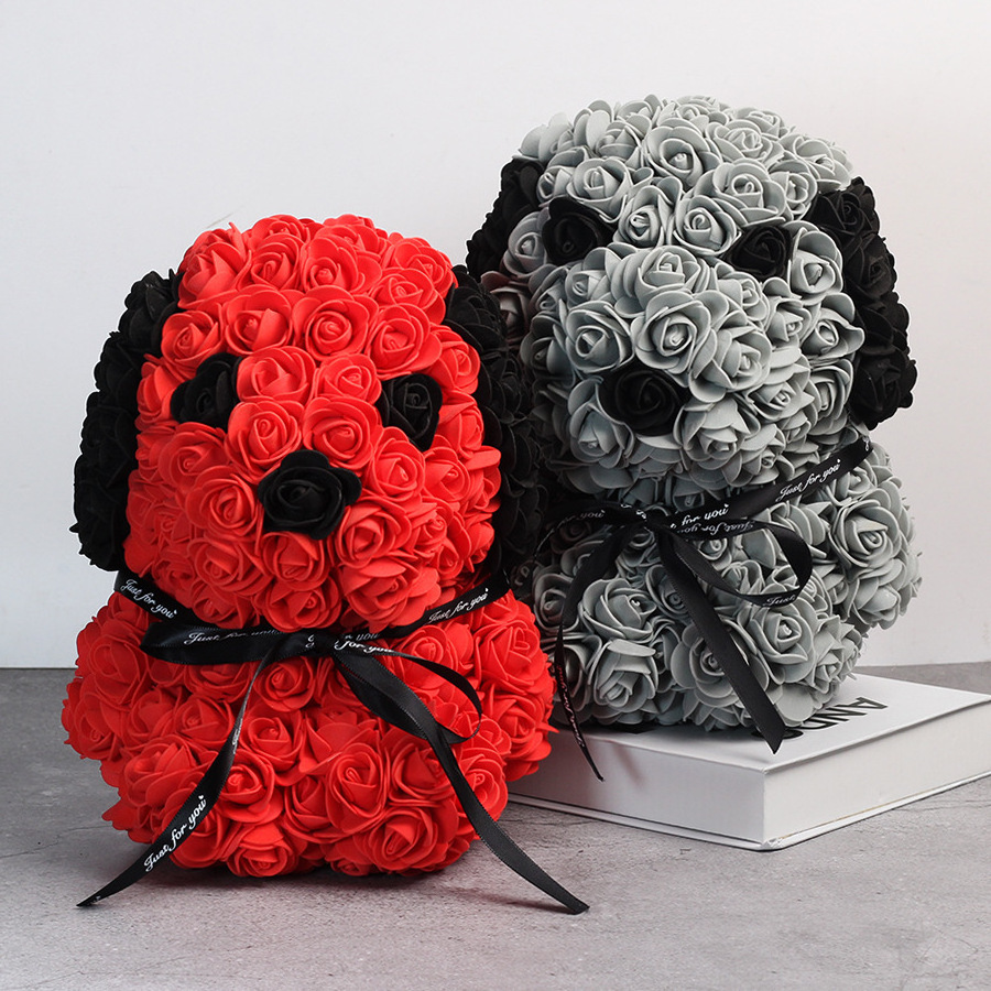 Hot sale 25cm PE eternal flower rose pug valentines rose bear rose dog with pvc gift box christmas gifts