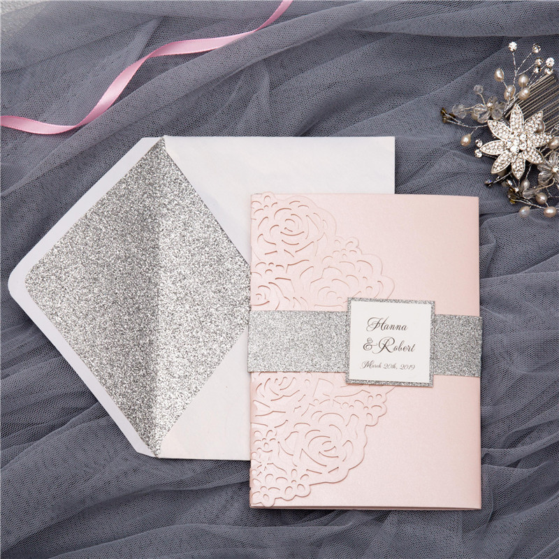 New Arrival Wedding Invitation Card Laser Cut Blush Pink Lace Floral Invitation Cards For Wedding Decorations