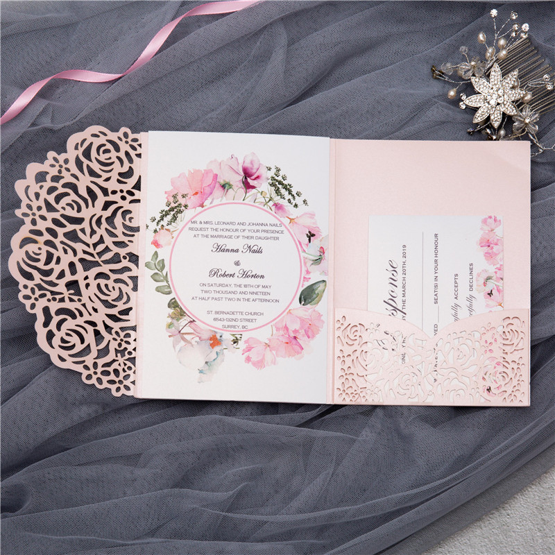 New Arrival Wedding Invitation Card Laser Cut Blush Pink Lace Floral Invitation Cards For Wedding Decorations