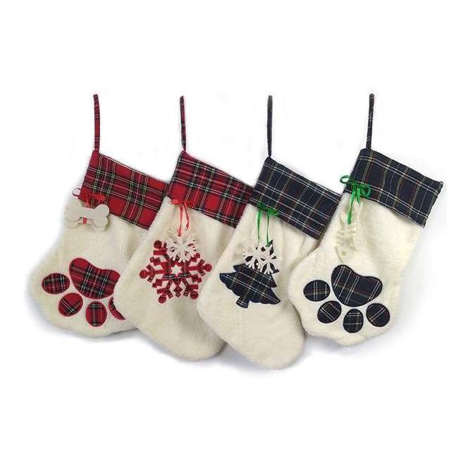 2023 Cheap Dog Pet Wool Paw Stocking Plush Large Hanging For Pets Plaid Bulk Paw Shaped Christmas Stockings