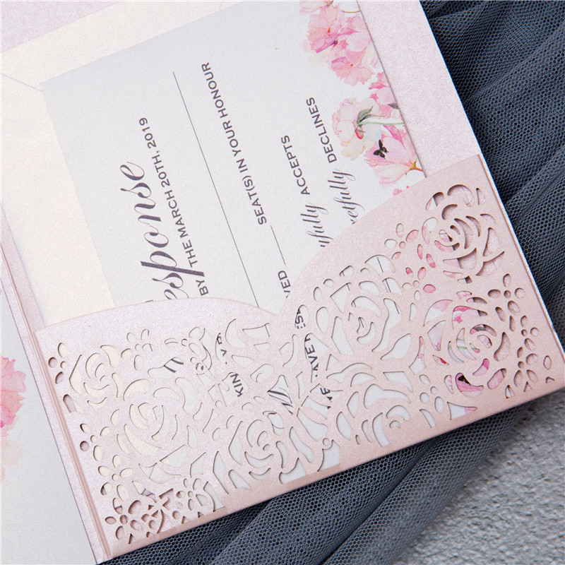 New Arrival Wedding Invitation Card Laser Cut Blush Pink Lace Floral Invitation Cards For Wedding Decorations