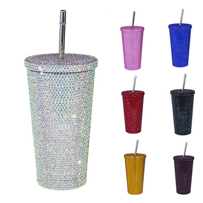 Bling Rhinestone Diamond Tumbler Glitter Water Bottle with Lid Stainless Steel Vacuum Thermal Straw fancy vacuum tumbler