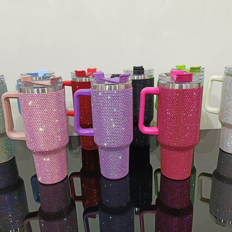 Glitter 40oz rhinestone bling diamond tumbler with handle Vacuum Insulated Stainless Steel Bottle cup with lid and straw