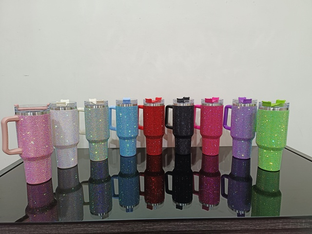 Glitter 40oz rhinestone bling diamond tumbler with handle Vacuum Insulated Stainless Steel Bottle cup with lid and straw