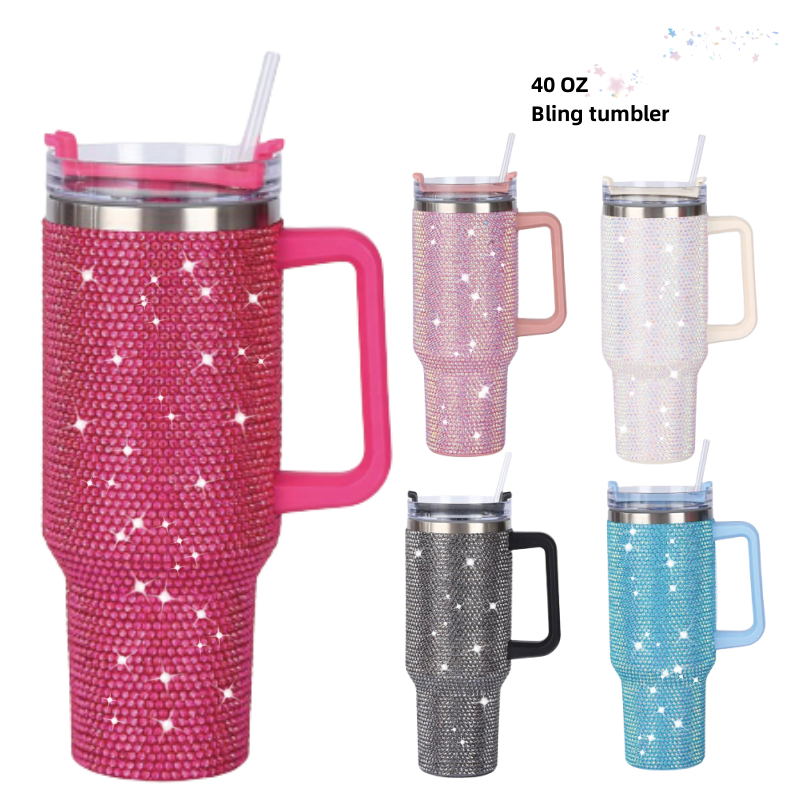 Glitter 40oz rhinestone bling diamond tumbler with handle Vacuum Insulated Stainless Steel Bottle cup with lid and straw