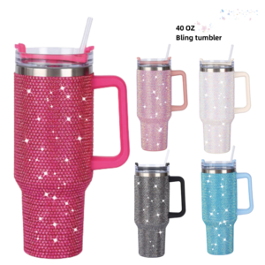 Glitter 40oz rhinestone bling diamond tumbler with handle Vacuum Insulated Stainless Steel Bottle cup with lid and straw