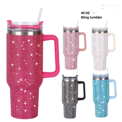 Glitter 40oz rhinestone bling diamond tumbler with handle Vacuum Insulated Stainless Steel Bottle cup with lid and straw