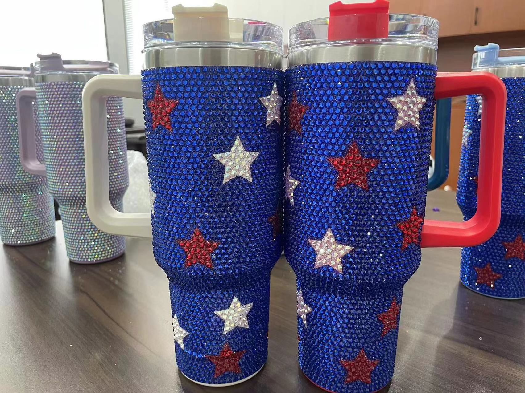 40oz Rhinestone Bling tumbler Stainless Steel Tumbler Hot Selling Rhinestone Travel Tumbler Car Mug With Handle And Lid