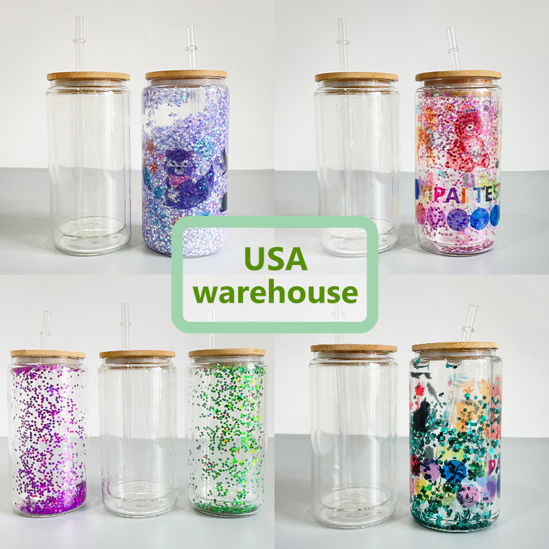 USA Warehouse  12oz 16oz 20oz Pre Drilled Double Wall Clear Snow Globe Tumbler Can Jar Glass Sublimation Tumbler With Bamboo Lid