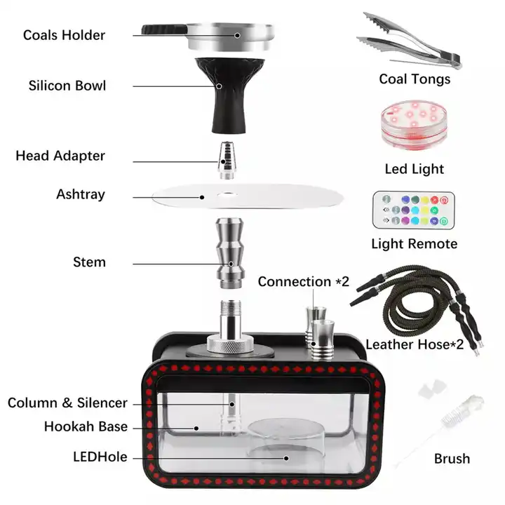 New Rectangle Acrylic double hose With Led Light Portable Hookah Accessories Clay Charcoal Holder