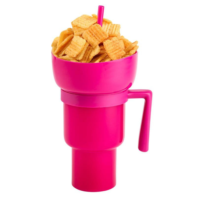 32oz Stadium Tumbler Mainstays plastic snack-and-drink cup popcorn chips cola mug cup with snack tray bowl straw