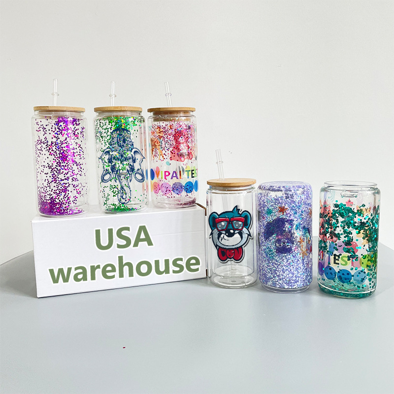 USA Warehouse  12oz 16oz 20oz Pre Drilled Double Wall Clear Snow Globe Tumbler Can Jar Glass Sublimation Tumbler With Bamboo Lid