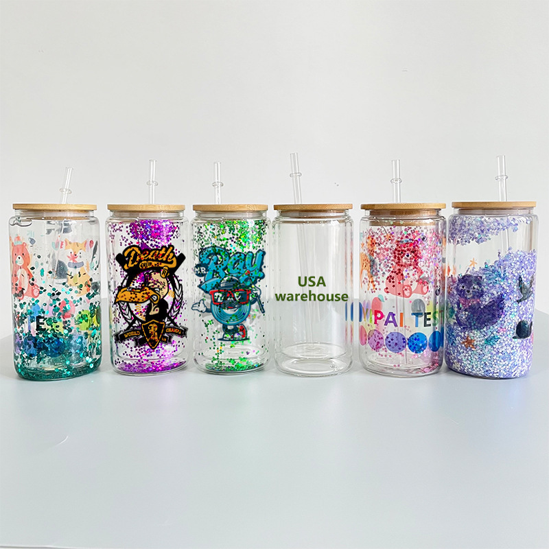 USA Warehouse  12oz 16oz 20oz Pre Drilled Double Wall Clear Snow Globe Tumbler Can Jar Glass Sublimation Tumbler With Bamboo Lid