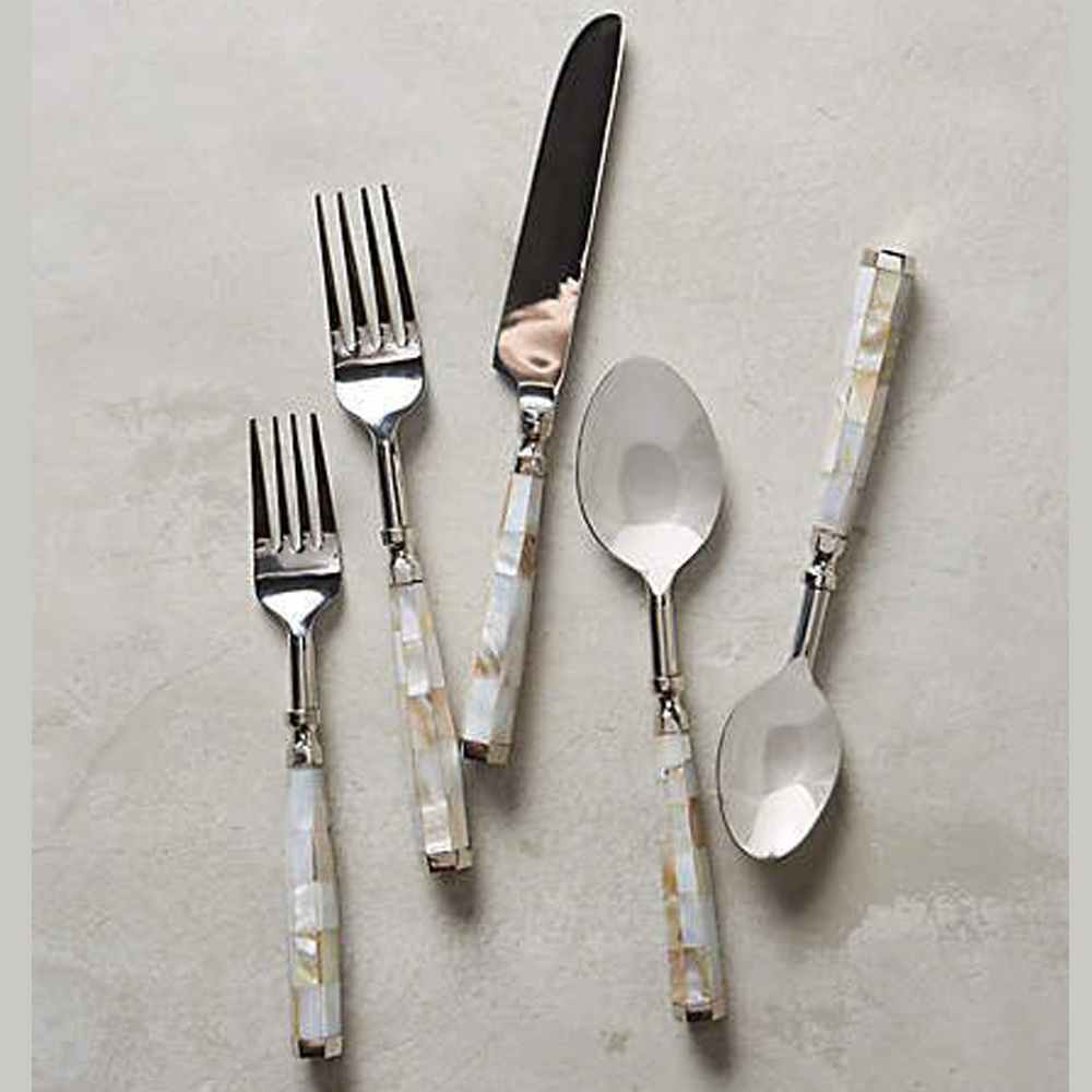 18/10 High Quality 5 Pcs Mother of Pearl Handle Flatware Set with Shiny Stainless Steel Head Cutlery Set luxury Wedding Rental