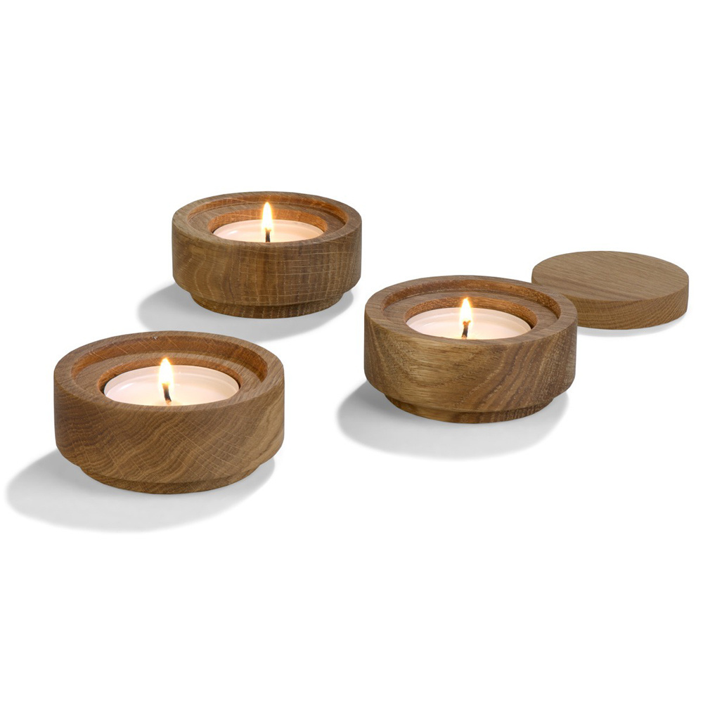 Wax Tea Light Candles with Round Wooden Holder