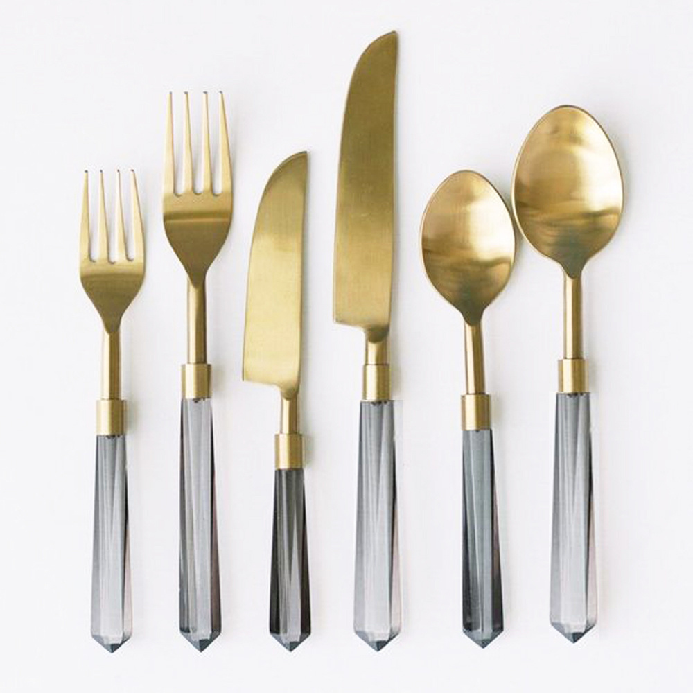 2022 Hot Selling 304 Stainless Steel Transparent Gray Acrylic Handle Flatware High Quality Brushed Gold Christmas Cutlery Set