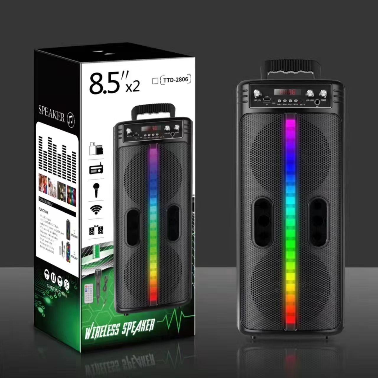 Portable Wireless Bass Trolley Speaker RGB Double 6.5inch Horn Big Multi Function BT Speaker With Remote Control Microphone