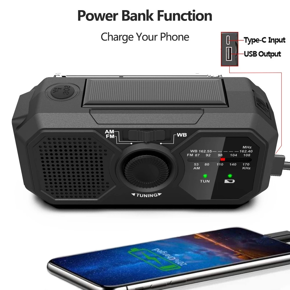 Solar Powered Rechargeable 1200mAh Radio Hand Cranked Wireless FM AM Radio with Power Bank Flashlight