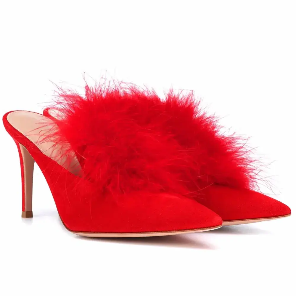 Women Fashion Pumps Mules Slides Red Black Shoes Thin High Heel Woman Shoes Autumn Pointed Toe Ostrich Hair Sexy Pumps