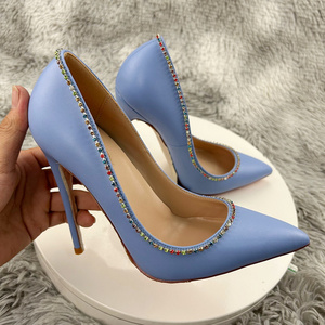 Spring Autumn Women New Pointed Sky Blue Shiny Diamond Shoes 8cm 10cm 12cm Thin High Heels Sexy Office Work Stiletto Pumps