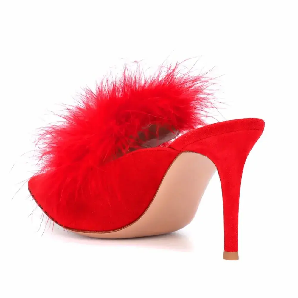 Women Fashion Pumps Mules Slides Red Black Shoes Thin High Heel Woman Shoes Autumn Pointed Toe Ostrich Hair Sexy Pumps