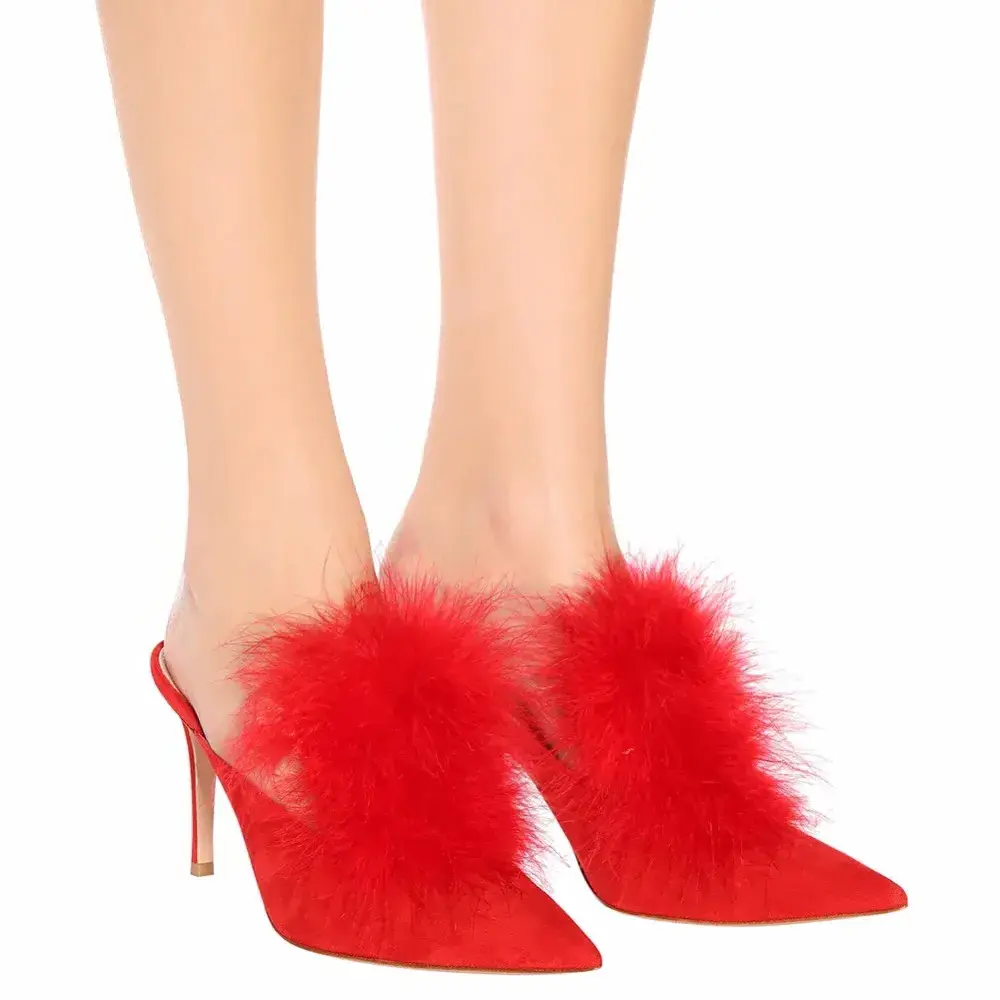 Women Fashion Pumps Mules Slides Red Black Shoes Thin High Heel Woman Shoes Autumn Pointed Toe Ostrich Hair Sexy Pumps