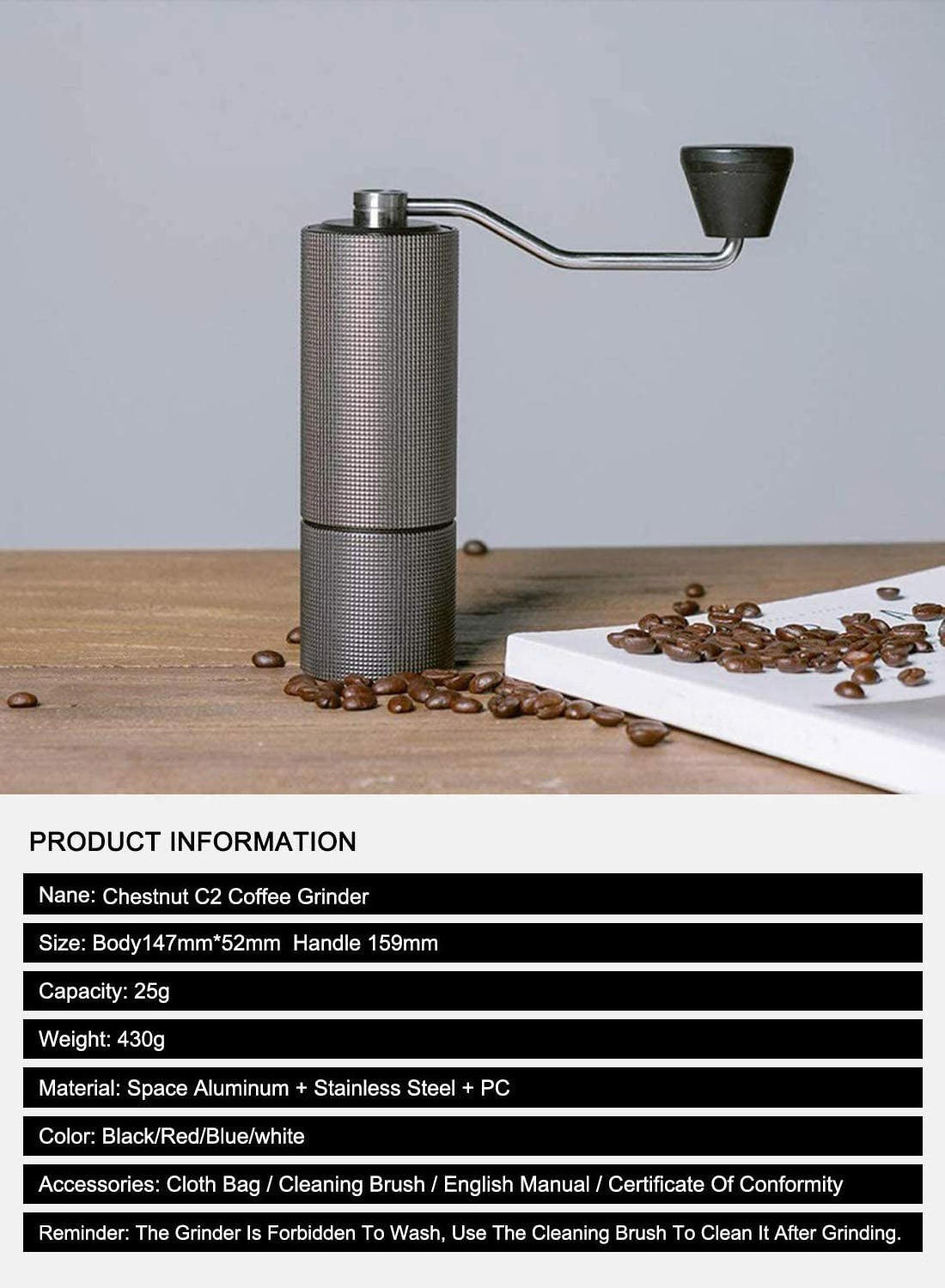 home portable stainless steel conical burr hand coffee conical burr bean grinder