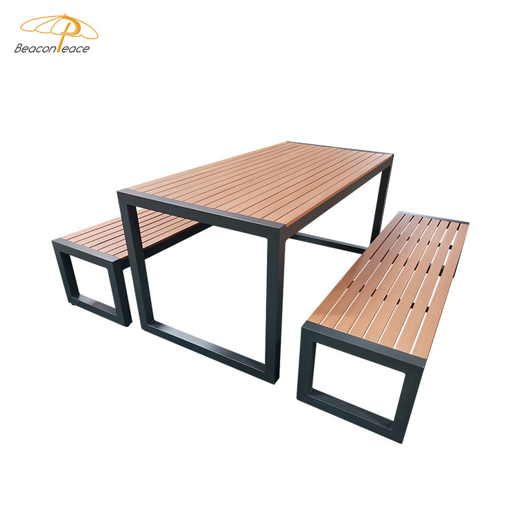 Outside garden dinning table and benches set modern metal bench new outdoor furniture poly wooden aluminum bench for garden