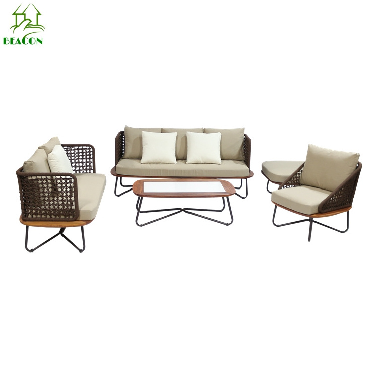 Patio luxury modern rope sofa chair set rope braid outdoor seating furniture garden sofa set with comfortable cushions