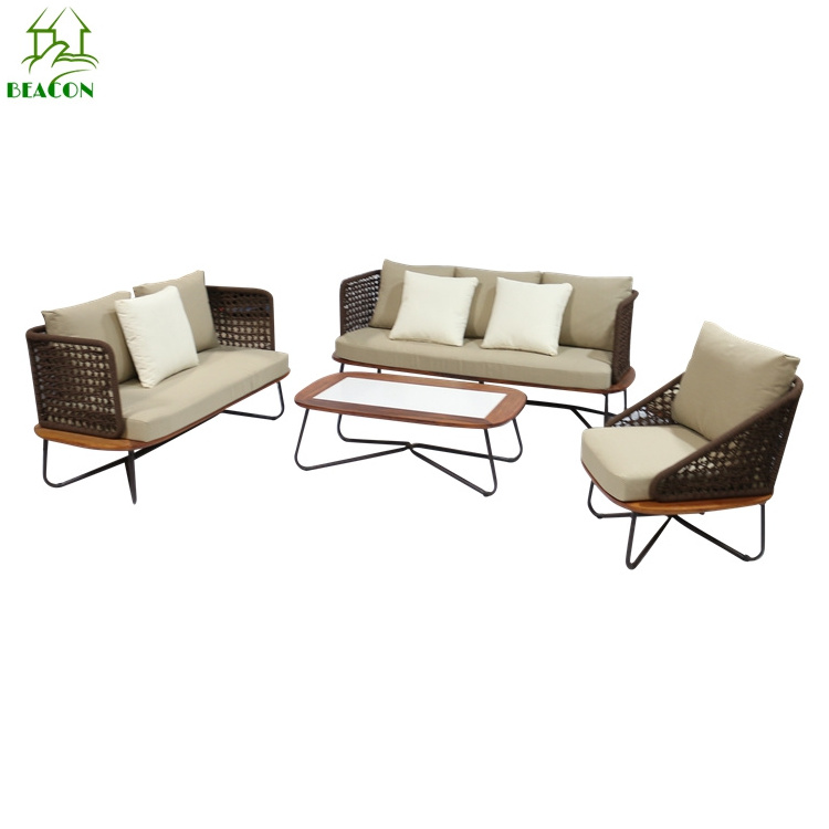 Patio luxury modern rope sofa chair set rope braid outdoor seating furniture garden sofa set with comfortable cushions