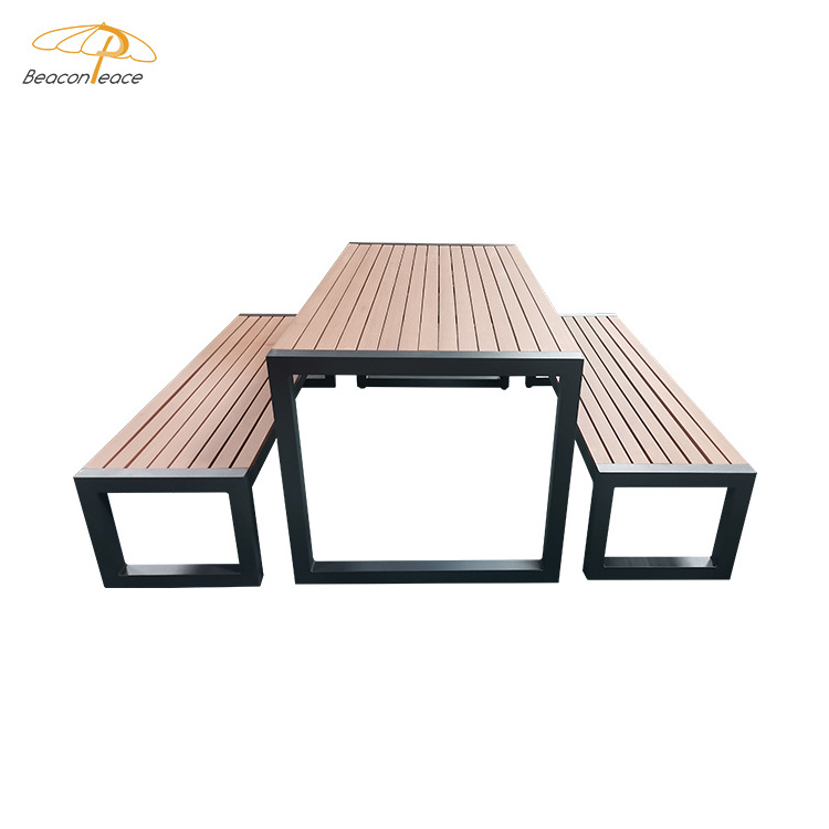 Outside garden dinning table and benches set modern metal bench new outdoor furniture poly wooden aluminum bench for garden