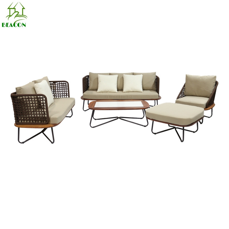 Patio luxury modern rope sofa chair set rope braid outdoor seating furniture garden sofa set with comfortable cushions