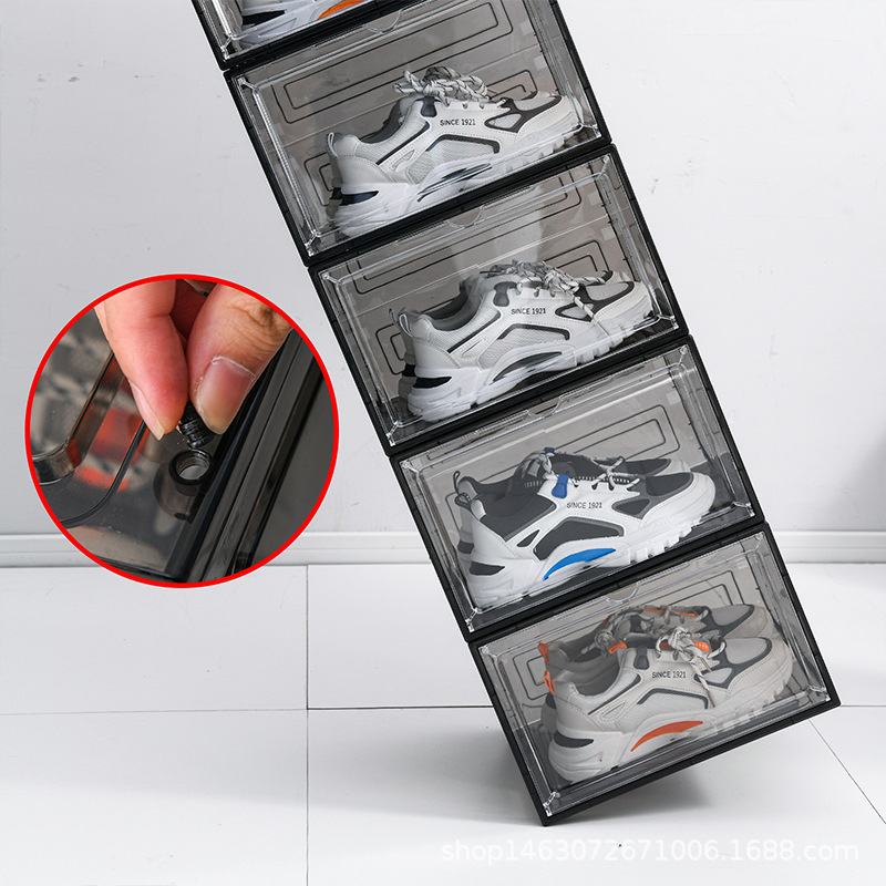 New fashion plastic magnetic shoe box side open front open storage snacker box clear stackable acrylic shoe storage container