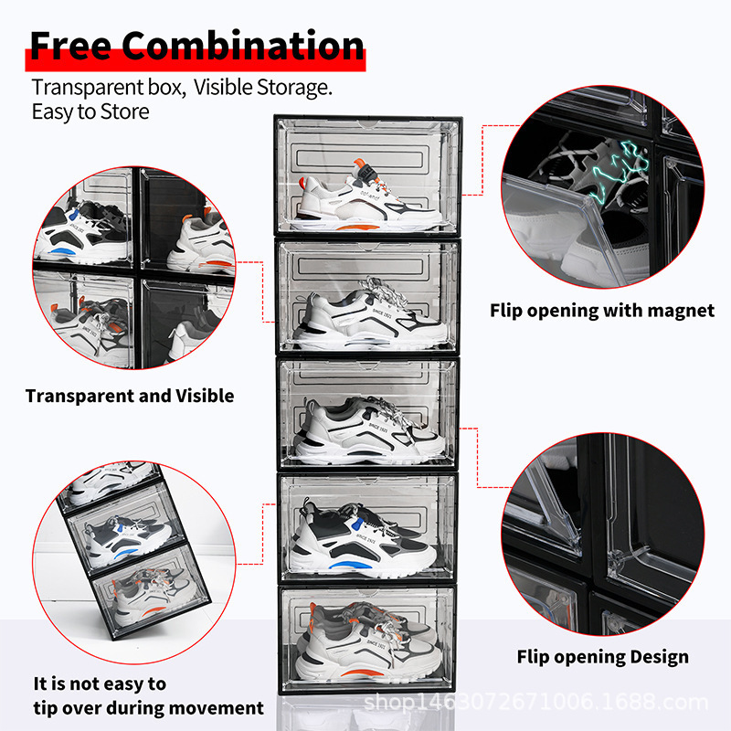 New fashion plastic magnetic shoe box side open front open storage snacker box clear stackable acrylic shoe storage container