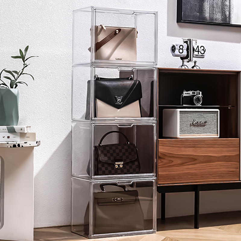 hot-selling transparent Lady's Bag Organizer Stacking Custom Logo collection display shelf bag organizer box