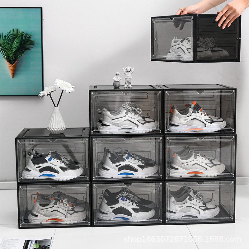 New fashion plastic magnetic shoe box side open front open storage snacker box clear stackable acrylic shoe storage container