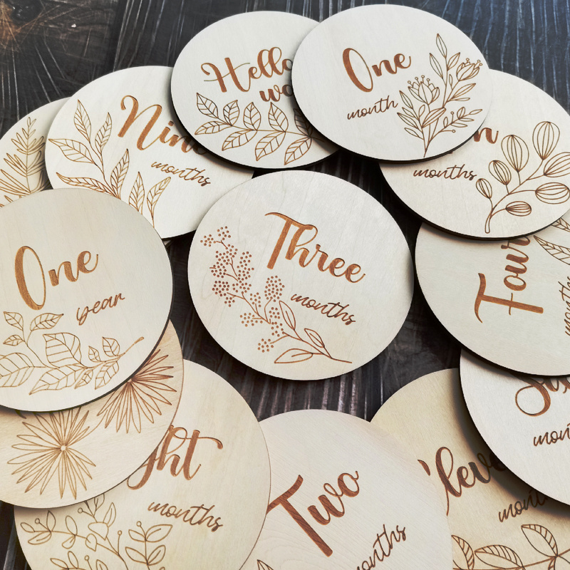 wood crafts laser cutting plywood discs wholesale engraved baby milestone cards wooden  products