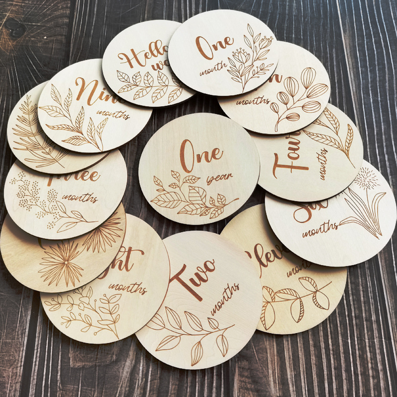 wood crafts laser cutting plywood discs wholesale engraved baby milestone cards wooden  products