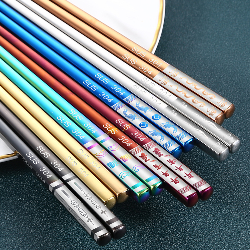 304 stainless steel titanium plated square chopsticks, home hotel manufacturer wholesale chopsticks gift box set logo