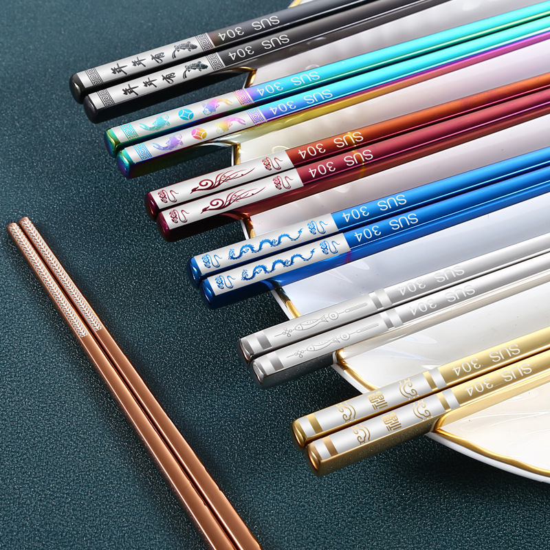 304 stainless steel titanium plated square chopsticks, home hotel manufacturer wholesale chopsticks gift box set logo