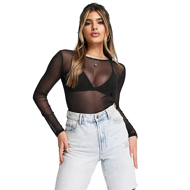 Custom sexy t shirt solid plain woman tops fashionable long sleeve cropped long sleeve mesh tops for women