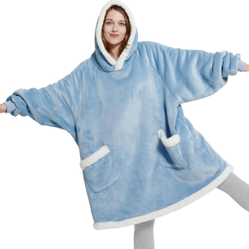 Custom Oversized Hoodie Flannel Sherpa Hoody Blanket Wearable Hooded TV blanket with Long Sleeves